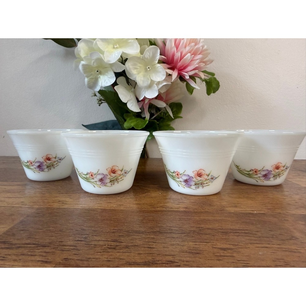 Vintage Indopal Pastel Floral Milk Glass Ramekins Dessert Bowls Set of Four